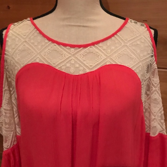 Coral Cold Shoulder Top with Cream Lace - Picture 4 of 5
